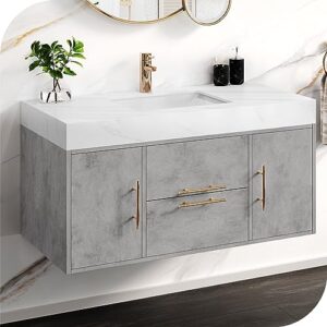 hernest grey floating bathroom vanity 40 inch wall mounted bathroom vanity with rock panel countertop and ceramic basin sink bathroom cabinet with 2 drawers and 2 storage cabinet for washroom