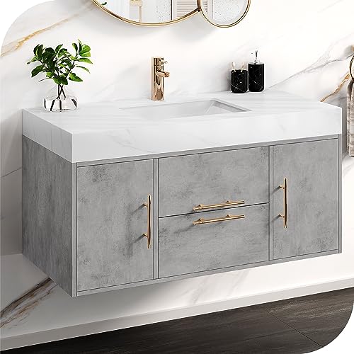 HERNEST Grey Floating Bathroom Vanity 40 Inch Wall Mounted Bathroom Vanity with Rock Panel Countertop and Ceramic Basin Sink Bathroom Cabinet with 2 Drawers and 2 Storage Cabinet for Washroom