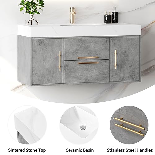 HERNEST Grey Floating Bathroom Vanity 40 Inch Wall Mounted Bathroom Vanity with Rock Panel Countertop and Ceramic Basin Sink Bathroom Cabinet with 2 Drawers and 2 Storage Cabinet for Washroom