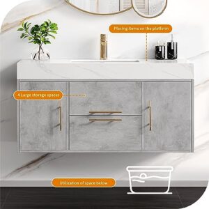 HERNEST Grey Floating Bathroom Vanity 40 Inch Wall Mounted Bathroom Vanity with Rock Panel Countertop and Ceramic Basin Sink Bathroom Cabinet with 2 Drawers and 2 Storage Cabinet for Washroom