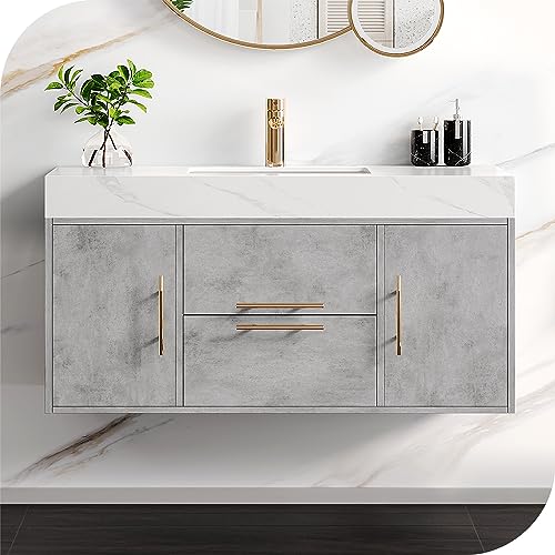 HERNEST Grey Floating Bathroom Vanity 40 Inch Wall Mounted Bathroom Vanity with Rock Panel Countertop and Ceramic Basin Sink Bathroom Cabinet with 2 Drawers and 2 Storage Cabinet for Washroom