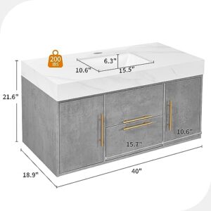 HERNEST Grey Floating Bathroom Vanity 40 Inch Wall Mounted Bathroom Vanity with Rock Panel Countertop and Ceramic Basin Sink Bathroom Cabinet with 2 Drawers and 2 Storage Cabinet for Washroom