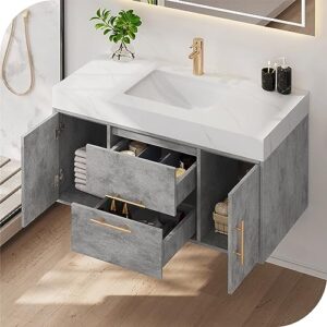 HERNEST Grey Floating Bathroom Vanity 40 Inch Wall Mounted Bathroom Vanity with Rock Panel Countertop and Ceramic Basin Sink Bathroom Cabinet with 2 Drawers and 2 Storage Cabinet for Washroom