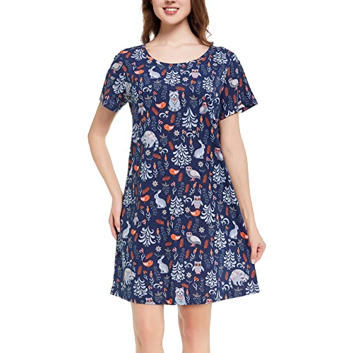 Tugege Women's Nightgown Short Sleeve Sleepshirts House Dress Sleepwear Casual Print Pajama (Navy&Owl, Large)