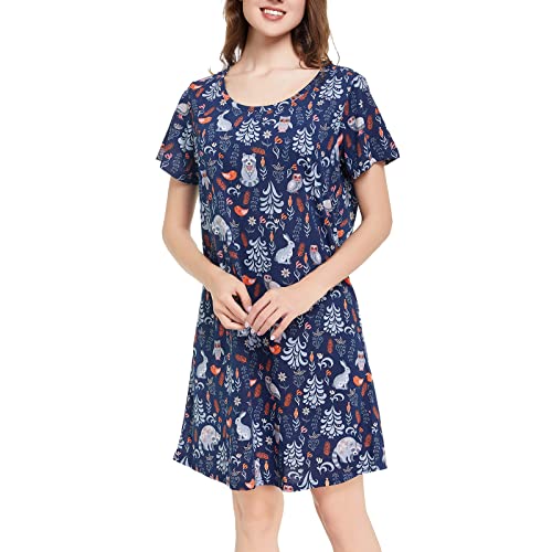 Tugege Women's Nightgown Short Sleeve Sleepshirts House Dress Sleepwear Casual Print Pajama (Navy&Owl, Large)