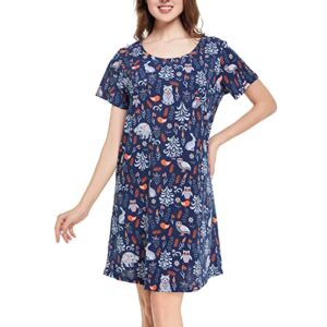 Tugege Women's Nightgown Short Sleeve Sleepshirts House Dress Sleepwear Casual Print Pajama (Navy&Owl, Large)