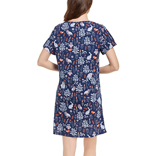 Tugege Women's Nightgown Short Sleeve Sleepshirts House Dress Sleepwear Casual Print Pajama (Navy&Owl, Large)