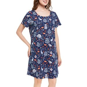 Tugege Women's Nightgown Short Sleeve Sleepshirts House Dress Sleepwear Casual Print Pajama (Navy&Owl, Large)