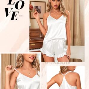 Leikar Silk Pajamas For Women Cute Cami Pajamas Sexy Satin Sleepwear White