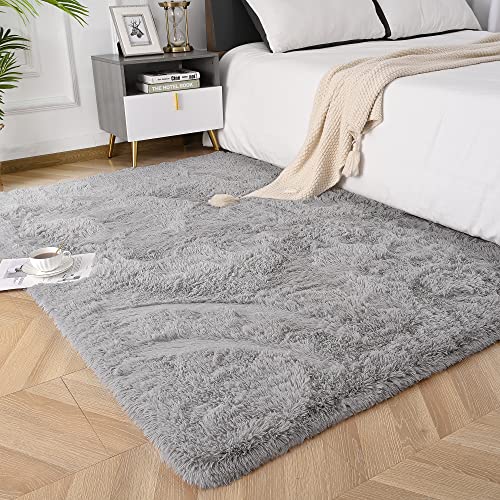 Foxmas Grey Bedroom Rug, Bedside Area Rugs for Bedroom, Fluffy Area Rug for Kids Room, Non Slip Floor Rugs for Bedroom, Washable Area Rugs Plush Fluffy Furry Fur Rugs, 3x5 Feet