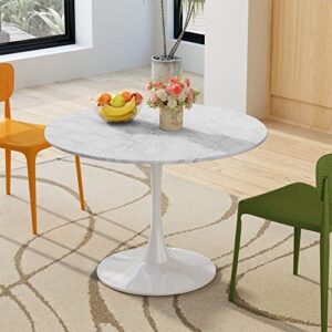 DKLGG 42" Modern Round Dining Table with Printed Marble Table Top, Metal Base Pedestal Table Tulip Table Kitchen Table for 4-6 Person, Small Space Home, End Table Leisure Coffee Table, Marble