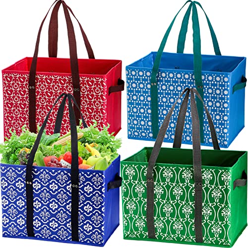 WUWEOT 4 Pack Reusable Grocery Bags, Large Shopping Bags Tote, Foldable Washable Storage Bins with Reinforced Bottom Heavy Duty Handles for Fruit Vegetable Clothes Toys and Picnic