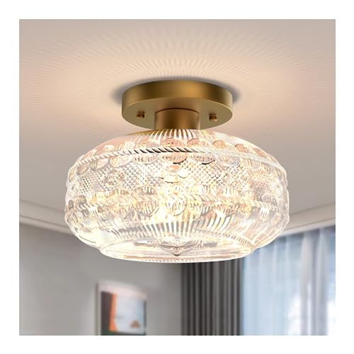 Industrial Semi Flush Mount Ceiling Light Fixture,Gold Hallway Light,Globe Glass Light Fixture Ceiling,Vintage Ceiling Lamp,Farmhouse Light for Entryway Kitchen Bathroom Laundry Room,Bulb Not Included