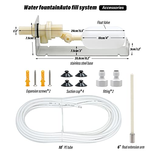 PAMUNULA Water Fountain Auto Fill System AutoFill Water Level Kit, 1/4 Inch Tube with Adjustable Arm for Outdoor Fountain Pond Aquariums Aquaculture