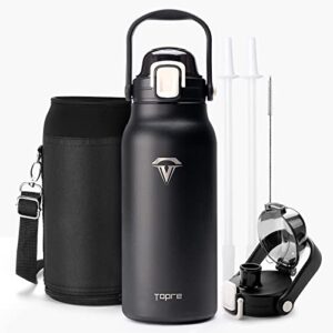 topre 64 oz insulated water bottle, half gallon vacuum double walled stainless steel large metal flask, wide mouth jug with handle straw auto chug lids,keeps cold & hot for sports gym,black
