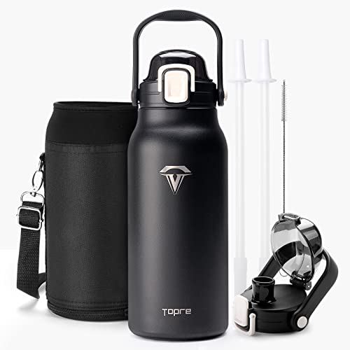 Topre 64 oz Insulated Water Bottle, Half Gallon Vacuum Double Walled Stainless Steel Large Metal Flask, Wide Mouth Jug with Handle Straw Auto Chug Lids,Keeps Cold & Hot for Sports Gym,Black