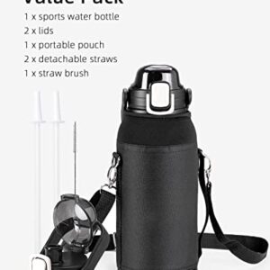 Topre 64 oz Insulated Water Bottle, Half Gallon Vacuum Double Walled Stainless Steel Large Metal Flask, Wide Mouth Jug with Handle Straw Auto Chug Lids,Keeps Cold & Hot for Sports Gym,Black