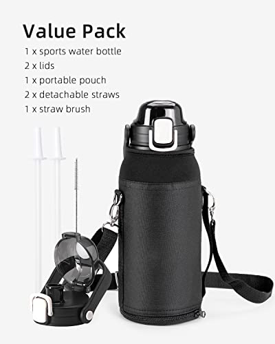 Topre 64 oz Insulated Water Bottle, Half Gallon Vacuum Double Walled Stainless Steel Large Metal Flask, Wide Mouth Jug with Handle Straw Auto Chug Lids,Keeps Cold & Hot for Sports Gym,Black