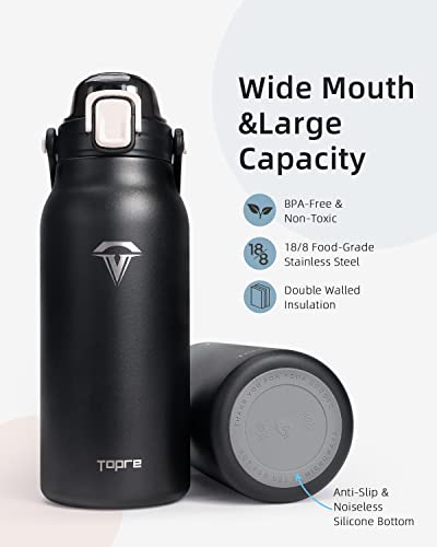 Topre 64 oz Insulated Water Bottle, Half Gallon Vacuum Double Walled Stainless Steel Large Metal Flask, Wide Mouth Jug with Handle Straw Auto Chug Lids,Keeps Cold & Hot for Sports Gym,Black