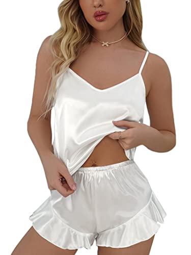 Womens Silk Satin Pajamas Loungewear Two-piece Sleepwear Cami Shorts Pj Set White XXL