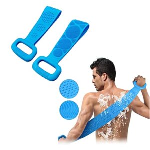 exfoliating silicone bath scrubber for men and women, dual side handle easy to reach on full body, soft and smooth for sensitive skin (28.3* length 4.3” width) (blue)