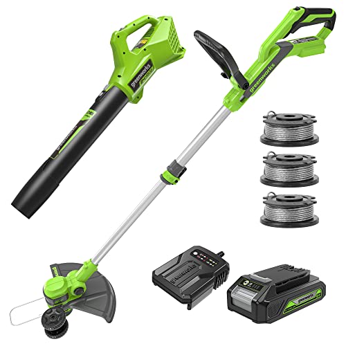 Greenworks 24V 12-Inch Cordless String Trimmer/Edger and Leaf Blower Combo Kit + 3 Bonus Spools, 2.0Ah Battery and Charger Included