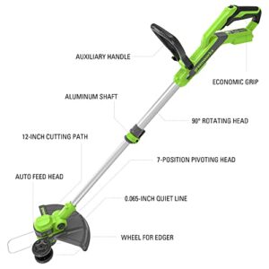 Greenworks 24V 12-Inch Cordless String Trimmer/Edger and Leaf Blower Combo Kit + 3 Bonus Spools, 2.0Ah Battery and Charger Included