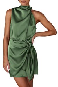 prettygarden women's short formal satin dress 2023 summer sleeveless mock neck tie waist cocktail party dresses (army green,small)