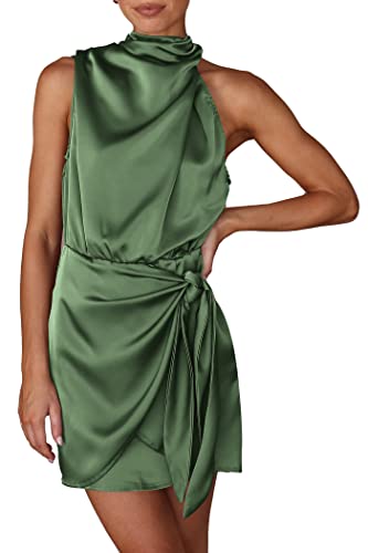 PRETTYGARDEN Women's Short Formal Satin Dress 2023 Summer Sleeveless Mock Neck Tie Waist Cocktail Party Dresses (Army Green,Small)