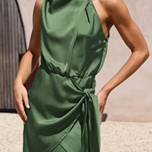 PRETTYGARDEN Women's Short Formal Satin Dress 2023 Summer Sleeveless Mock Neck Tie Waist Cocktail Party Dresses (Army Green,Small)