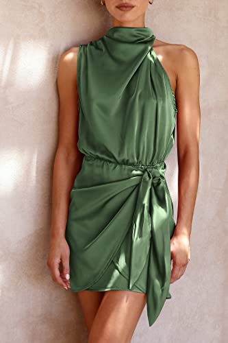 PRETTYGARDEN Women's Short Formal Satin Dress 2023 Summer Sleeveless Mock Neck Tie Waist Cocktail Party Dresses (Army Green,Small)