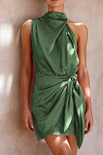 PRETTYGARDEN Women's Short Formal Satin Dress 2023 Summer Sleeveless Mock Neck Tie Waist Cocktail Party Dresses (Army Green,Small)