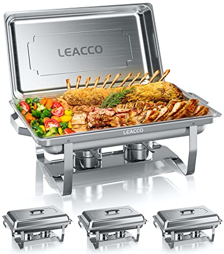 LEACCO Chafing Dishes Buffet Set, 4 Pack 8QT Stainless Steel Chafers Food Warmer Trays for Buffets, Parties