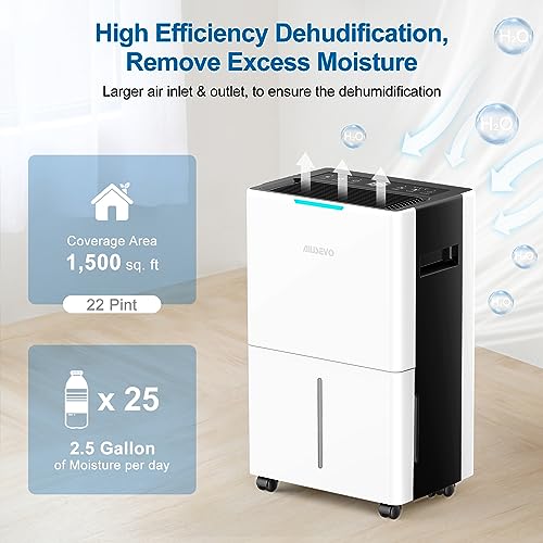 1500 Sq.ft Dehumidifiers for Home Basements, Aiusevo 22 Pint Dehumidifier for Room, with Auto and Manual Drainage, Intelligent Humidity Control, 3 Operation Modes, Ideal for RV, Bathroom