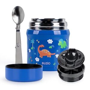 buzio insulated food container for kids adult, 12oz stainless steel vacuum insulated kids food jar with folding spoon, leak proof, vacuum insulated thermo, portable food bowl, blue dinosaur