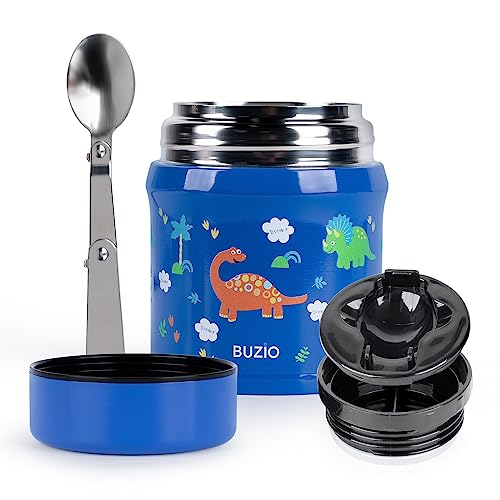 BUZIO Insulated Food Container for Kids Adult, 12oz Stainless Steel Vacuum Insulated Kids Food Jar with Folding Spoon, Leak Proof, Vacuum Insulated Thermo, Portable Food Bowl, Blue Dinosaur