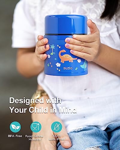 BUZIO Insulated Food Container for Kids Adult, 12oz Stainless Steel Vacuum Insulated Kids Food Jar with Folding Spoon, Leak Proof, Vacuum Insulated Thermo, Portable Food Bowl, Blue Dinosaur