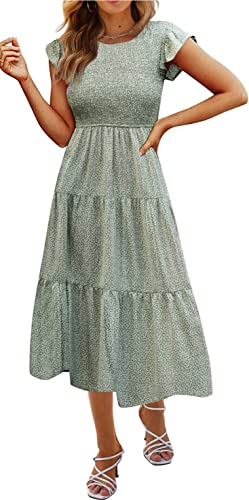 Hount Smocked Bohemian Dresses for Women Plus Size Casual Flowing Summer Modest Beach Dress with Pockets (FL1,XL)