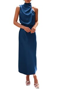 prettygarden women's 2023 summer satin dress elegant sleeveless mock neck cocktail party maxi dresses (dark blue,small)