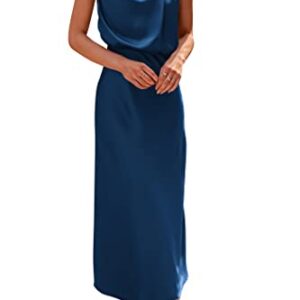 PRETTYGARDEN Women's 2023 Summer Satin Dress Elegant Sleeveless Mock Neck Cocktail Party Maxi Dresses (Dark Blue,Small)