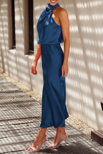 PRETTYGARDEN Women's 2023 Summer Satin Dress Elegant Sleeveless Mock Neck Cocktail Party Maxi Dresses (Dark Blue,Small)