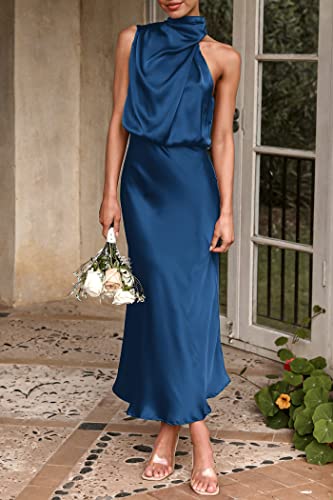 PRETTYGARDEN Women's 2023 Summer Satin Dress Elegant Sleeveless Mock Neck Cocktail Party Maxi Dresses (Dark Blue,Small)