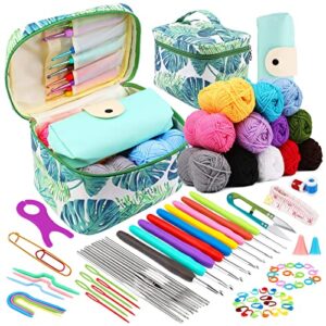 87 Pcs Crochet Kit for Beginners, Crochet Starter Kit, Crochet Needles Set with 12 Yarn Balls Plastic Sewing Needles Stitch Marker Storage Bag Knitting Accessories for Adults Kids Beginner Craft