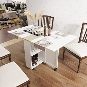 3imothrix Folding Dining Table, Dinner Table with Drawer and Storage and Shelves, Space Saving Dining Table with 6 Wheels, Kitchen Table for Small Spaces (White)