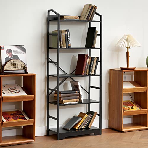 Vagusicc Industrial Display Standing Bookshelf, 5-Tier Tall Bookcase Wood Book Shelf, Modern Book Shelf Storage Organizer Steel Frame, Multipurpose Bookshelf for Living Room/Bedroom/Kitchen/Bathroom