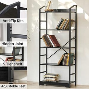 Vagusicc Industrial Display Standing Bookshelf, 5-Tier Tall Bookcase Wood Book Shelf, Modern Book Shelf Storage Organizer Steel Frame, Multipurpose Bookshelf for Living Room/Bedroom/Kitchen/Bathroom