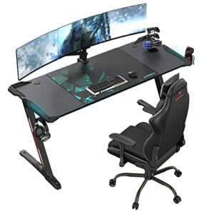 eureka ergonomic z60 gaming desk with led lights, 60 inch large rgb gaming computer desk with hector high back gaming chair grey for home office work study writing with mouse pad