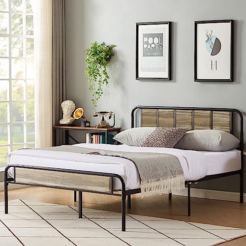 VECELO Queen Bed Frame Heavy Duty Metal Platform with Wooden Headboard Footboard Mattress Foundation 12 Strong Steel Slats Support Under Bed Storage/Easy Assemble