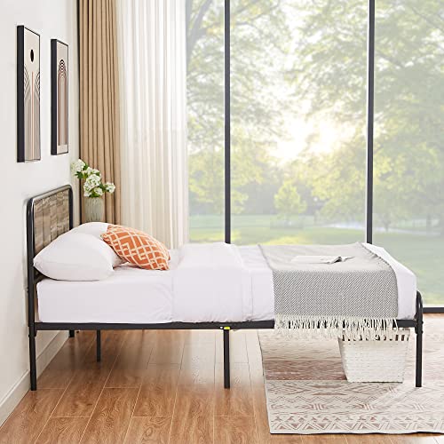 VECELO Queen Bed Frame Heavy Duty Metal Platform with Wooden Headboard Footboard Mattress Foundation 12 Strong Steel Slats Support Under Bed Storage/Easy Assemble