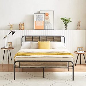 VECELO Queen Bed Frame Heavy Duty Metal Platform with Wooden Headboard Footboard Mattress Foundation 12 Strong Steel Slats Support Under Bed Storage/Easy Assemble